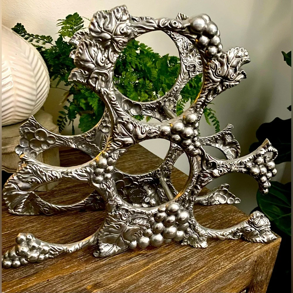 Vtg Arthur Court Wine Rack Grape Vine Cast Aluminum  Bottle Holder Silver